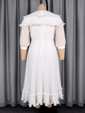 Plus Size Women White Chiffon Pleated V-Neck Slim Waist Formal Party Dress