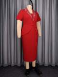 Plus Size Women Red Turndown Collar Short Sleeve Slim Waist Bodycon Party Dress