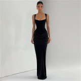 Autumn Winter Women Ruched Slim Waist Bodycon Strap Dress