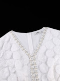 Plus Size Women White Lace Patchwork Chiffon V-Neck Lantern Sleeve Wedding Dress