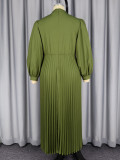 Plus Size Women Bow Embroidery Lantern Sleeve Slim Waist Elegant Pleated Dress