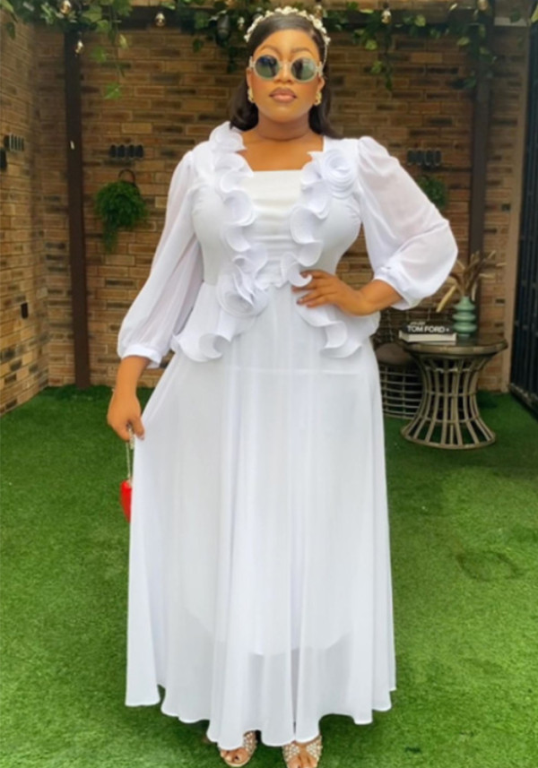 Plus Size Women White Floral Ruffle Elegant Formal Party Long-Sleeve Maxi Dress