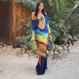 Women Gradient Print Mesh Long-Sleeve Backless Lace-Up Maxi Dress
