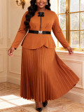Plus Size Women Bow Long Sleeve Ruffle Slim Waist Elegant Pleated Dress