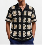 Men's color-blocked crochet openwork casual short-sleeved knitting polo top