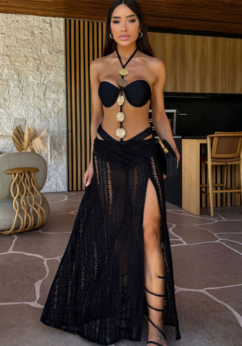 Women black strapless sexy three-piece slit skirt
