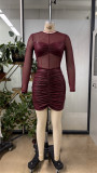 Women's Red Sexy Mesh See-Through Long Sleeve Patchwork Bodycon Evening Dress
