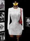 Women's Red Sexy Mesh See-Through Long Sleeve Patchwork Bodycon Evening Dress