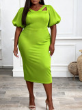 Plus Size Women Hollow Square Neck Puff Sleeve Slim Waist Bodycon Dress