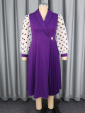 Plus Size Women Polka Dot Patchwork Turndown Collar Pleated Party Dress