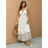 Summer Plus Size Women Geometric Print V-Neck Strap Long Dress
