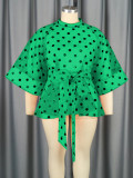 Plus Size Women Polka Dot See Through Organza Lace-Up Blouse Top