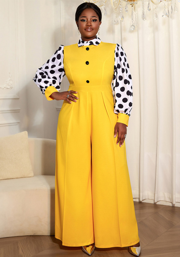 Plus Size Women Polka Dot Lantern Sleeve Wide Leg Jumpsuit