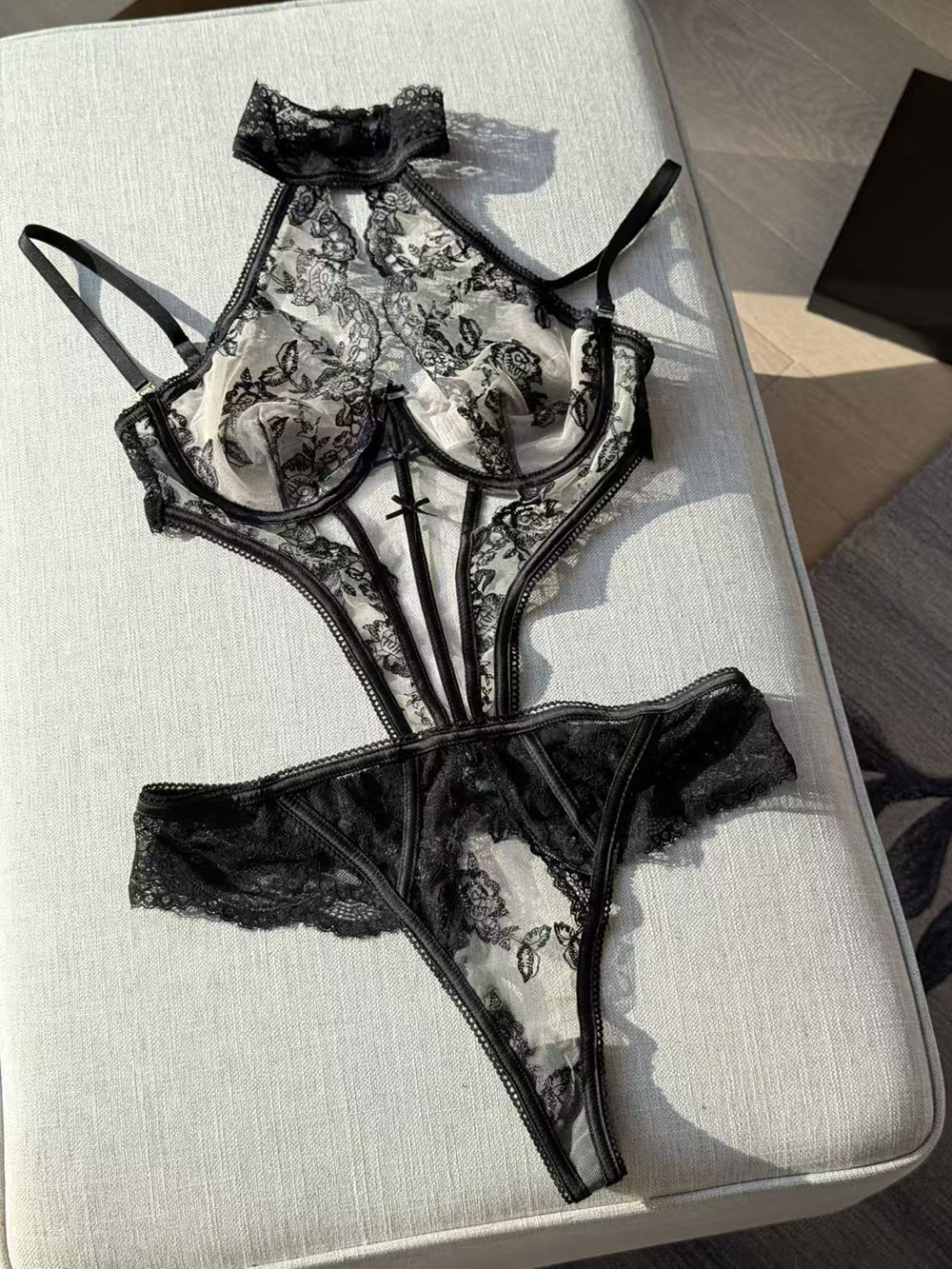 Embroidered Underwire Push-Up Sheer Bodysuit Lingerie