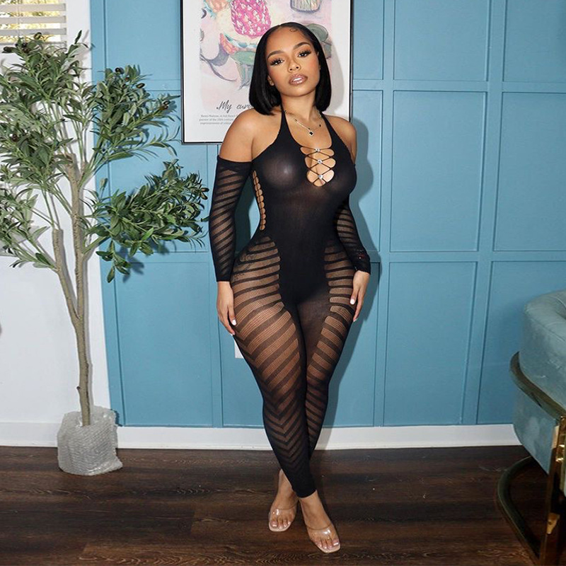 Halter See-Through Long-Sleeve Jumpsuit for Summer Nights