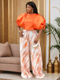 Plus Size Women Orange Puff Sleeve Crop Top and Stripe Wide Leg Pants Set
