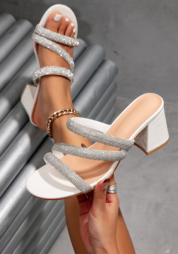 Women Square Toe Rhinestone Strap High Heel Sandals