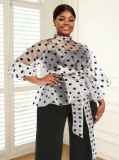 Plus Size Women Polka Dot See Through Organza Lace-Up Blouse Top