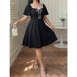 Plus Size Women Black Square Neck Bow A-Line Dress