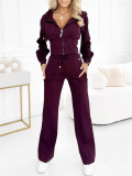 Spring Women Hooded Zipper Slim Fit Top and Wide Leg Pants Set