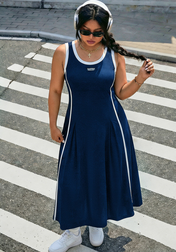 Plus Size Women Color Block Sleeveless Sporty A-Line Long Dress