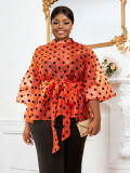 Plus Size Women Polka Dot See Through Organza Lace-Up Blouse Top