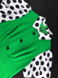 Plus Size Women Green Polka Dot Patchwork Turndown Collar Puff Sleeve Dress