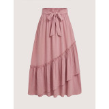 Summer Plus Size Women Pink Ruffle Elastic Waist Tie Long Skirt