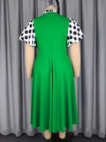 Plus Size Women Green Polka Dot Patchwork Turndown Collar Puff Sleeve Dress