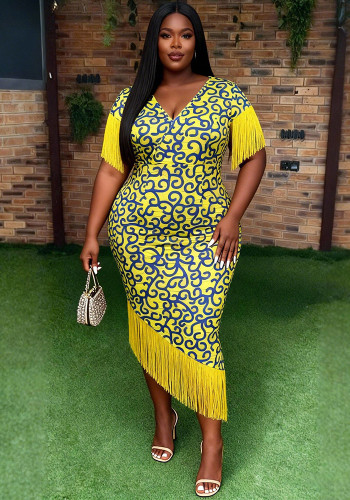 Plus Size Women African Style Tassel Print V-Neck Bodycon Party Dress