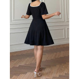 Plus Size Women Black Square Neck Bow A-Line Dress
