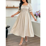 Plus Size Women Beige Square Neck Puff Sleeve Elegant Midi Dress