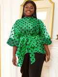 Plus Size Women Polka Dot See Through Organza Lace-Up Blouse Top
