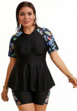Plus Size Women Zipper Two Piece Swimsuit
