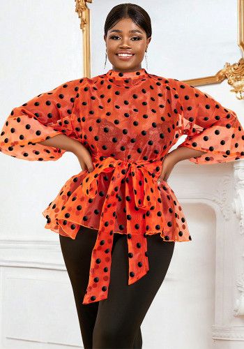 Plus Size Women Polka Dot See Through Organza Lace-Up Blouse Top