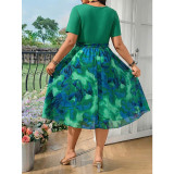 Summer Plus Size Women Round Neck Short Sleeve Tie A-Line Dress