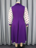 Plus Size Women Polka Dot Patchwork Turndown Collar Pleated Party Dress