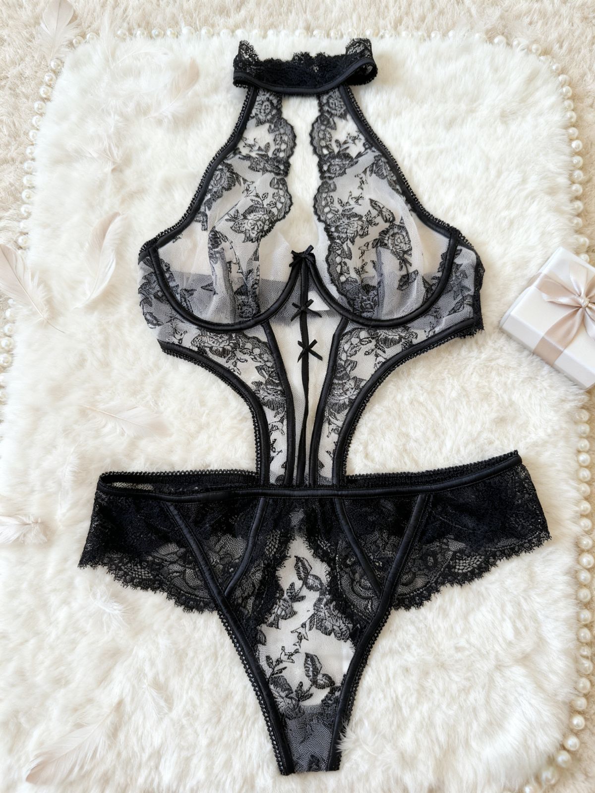 Embroidered Underwire Push-Up Sheer Bodysuit Lingerie