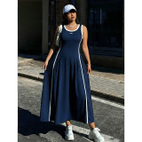 Plus Size Women Color Block Sleeveless Sporty A-Line Long Dress