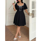 Plus Size Women Black Square Neck Bow A-Line Dress