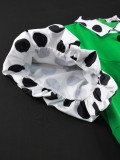 Plus Size Women Green Polka Dot Patchwork Turndown Collar Puff Sleeve Dress