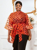 Plus Size Women Polka Dot See Through Organza Lace-Up Blouse Top