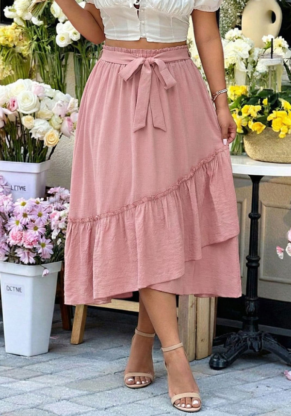 Summer Plus Size Women Pink Ruffle Elastic Waist Tie Long Skirt