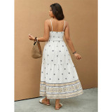 Summer Plus Size Women Geometric Print V-Neck Strap Long Dress