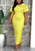 Plus Size Women Jacquard Bow Puff Sleeve Slim Waist Bodycon Party Dress Plus Size Women Jacquard Bow Puff Sleeve Slim Waist Bodycon Party Dress