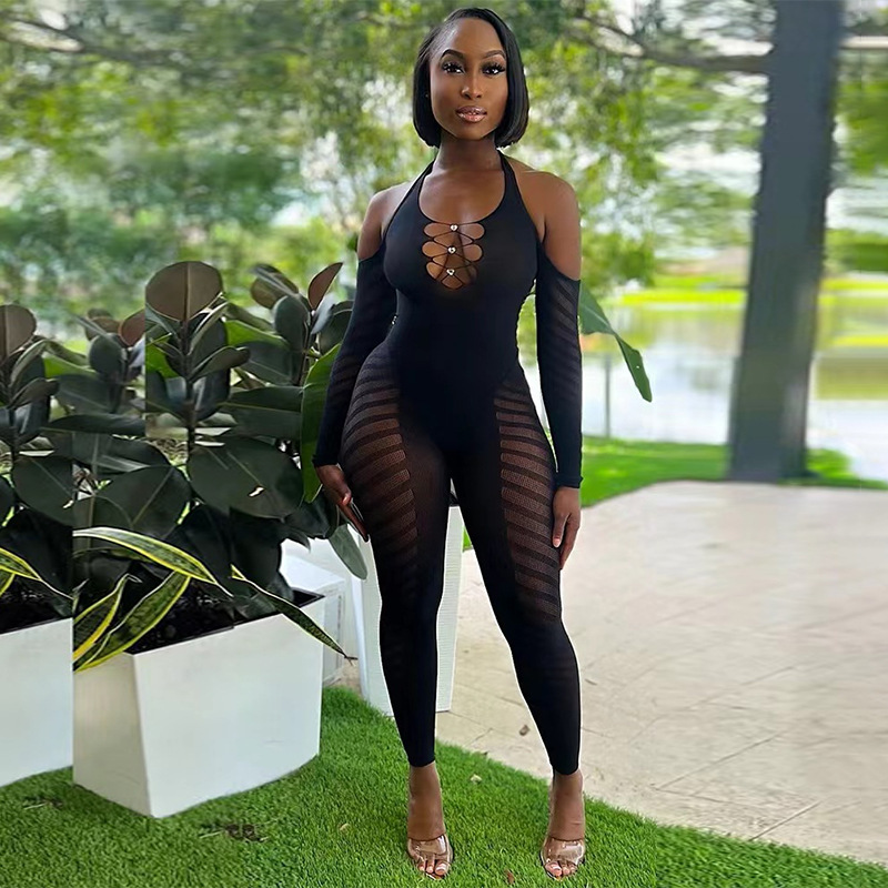 Halter See-Through Long-Sleeve Jumpsuit for Summer Nights