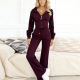 Spring Women Hooded Zipper Slim Fit Top and Wide Leg Pants Set