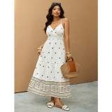 Summer Plus Size Women Geometric Print V-Neck Strap Long Dress