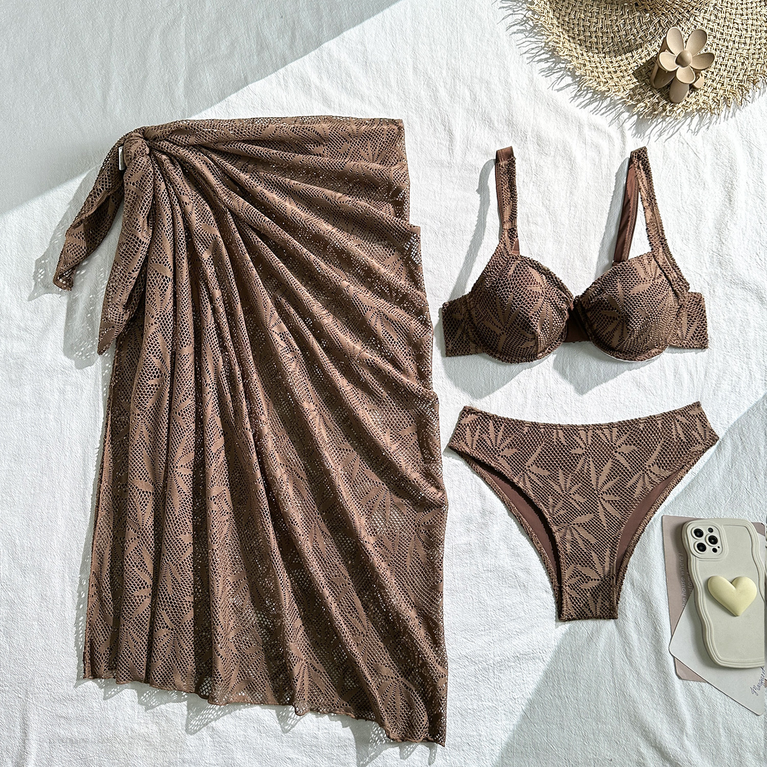 Lace Hollow Three-Piece Bikini Swimsuit for Beach Vacations