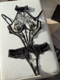 Women Sexy Lingerie Embroidered Underwire Push-Up Halter Low Back Sheer Bodysuit with Detachable Straps